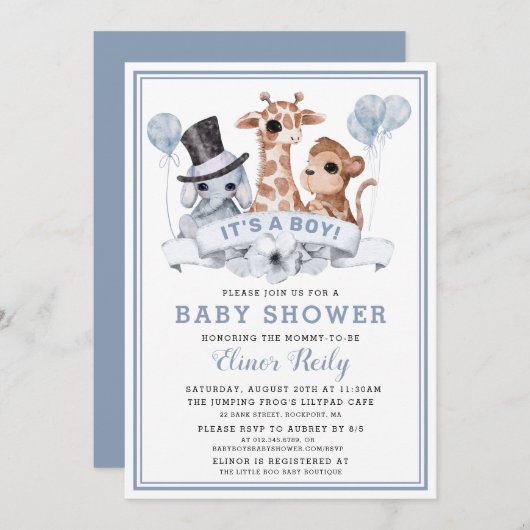 サファリジャングルボーイ赤ちゃんシャワー 招待状 (正面/裏面)