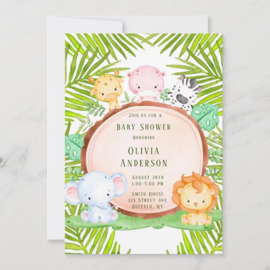 サファリジャングルマンガ動物の赤ちゃんシャワー 招待状 (正面)