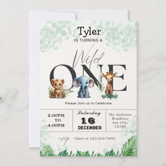 サファリジャングルワイルドワンかわいい動物たち1歳の誕生日 招待状 (正面)