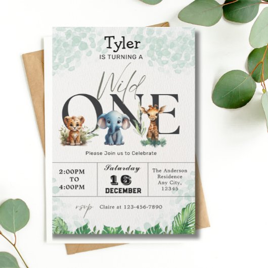 サファリジャングルワイルドワンかわいい動物たち1歳の誕生日 招待状