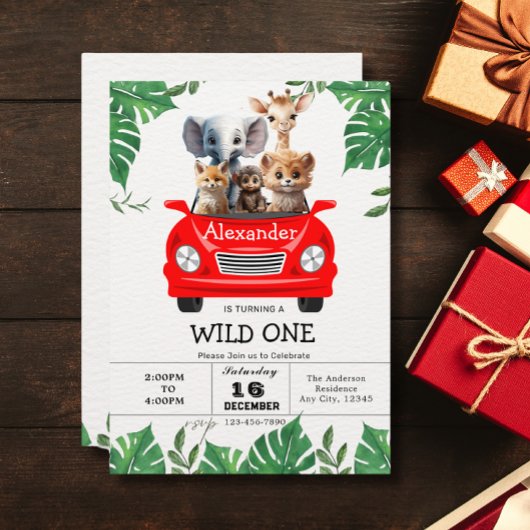 サファリジャングルワイルドワンかわいい動物たち1歳の誕生日 招待状
