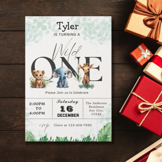 サファリジャングルワイルドワンかわいい動物たち1歳の誕生日 招待状