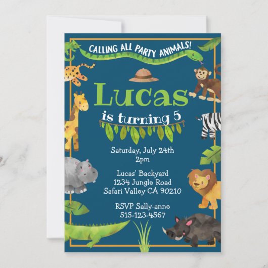 サファリジャングルワイルドワンアニマルバースデーパーティー 招待状 (正面)