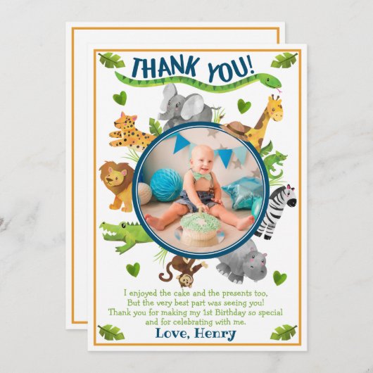 サファリジャングルワイルドワン動物 サンキューカード (正面/裏面)