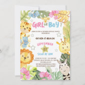 サファリジャングル動物のトロピカルをジェンダー表示 招待状 (正面)
