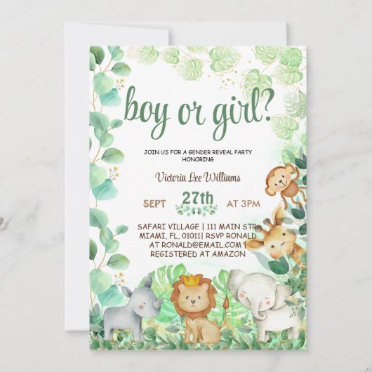 サファリジャングル動物の水の色の性別を明らかにする 招待状 (正面)