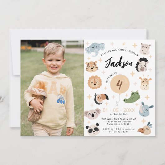 サファリジャングル動物の誕生日の男の子の写真の招待状 招待状 (正面)