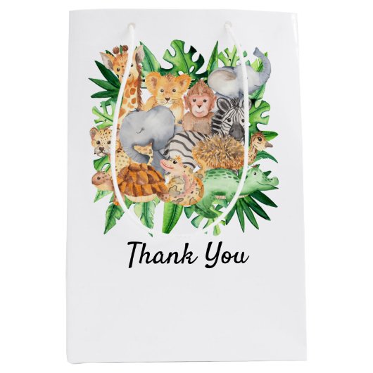 サファリジャングル動物の誕生日パーティーありがとう ミディアムペーパーバッグ (正面)