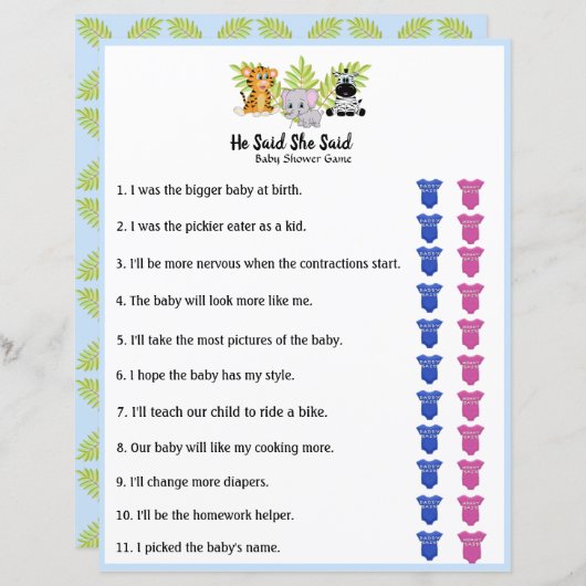 サファリジャングル動物の赤ちゃんシャワー彼は彼女が言った (正面/裏面)