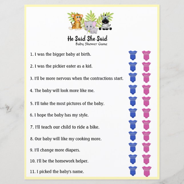 サファリジャングル動物の赤ちゃんシャワー彼は彼女が言った (正面)