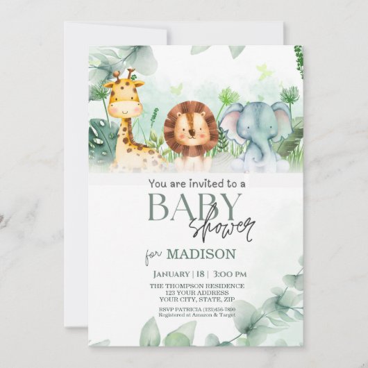 サファリジャングル動物の赤ちゃんシャワー 招待状 (正面)