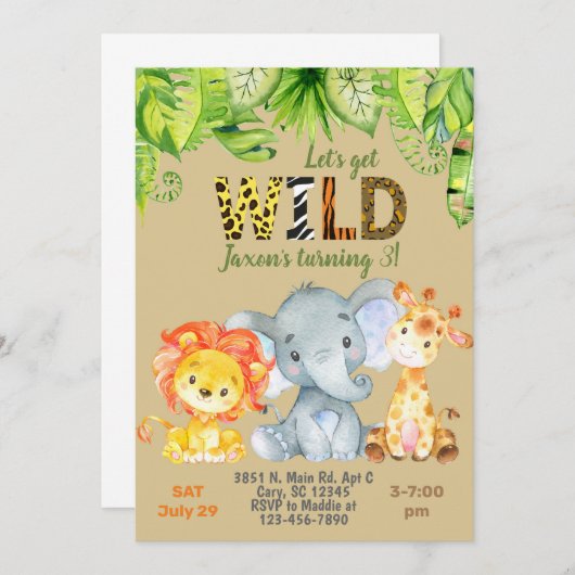 サファリジャングル動物の3番目の誕生日の招待。 招待状 (正面/裏面)