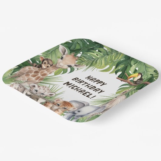 サファリジャングル動物をテーマにした子供の誕生日 ペーパープレート (傾斜あり)