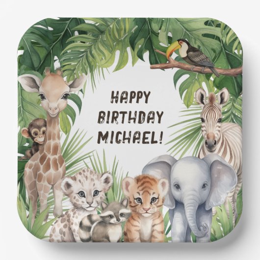 サファリジャングル動物をテーマにした子供の誕生日 ペーパープレート (正面)
