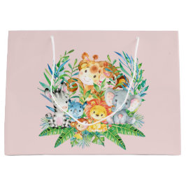 サファリジャングル動物ガールズベビーシャワー抱き枕 ラージペーパーバッグ