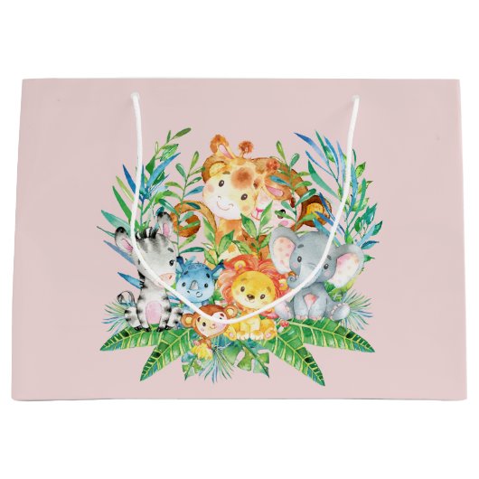 サファリジャングル動物ガールズベビーシャワー抱き枕 ラージペーパーバッグ (正面)