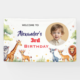 サファリジャングル動物キッズニュートラル誕生日パーティー 横断幕