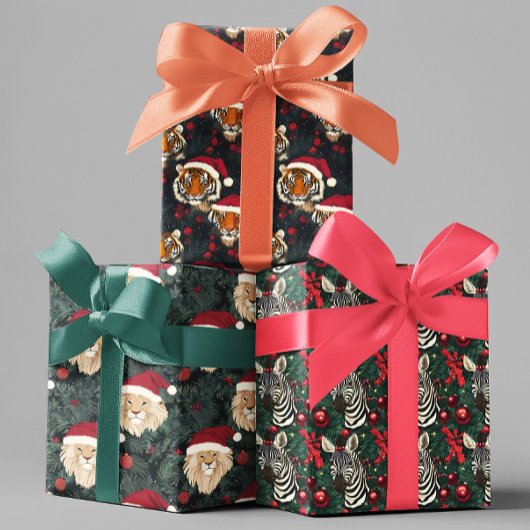 サファリジャングル動物クリスマスイオンタイガーゼブラ ラッピングペーパーシート