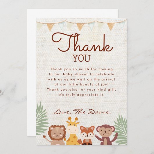 サファリジャングル動物ベビーシャワーボーイありがとう 招待状 (正面/裏面)