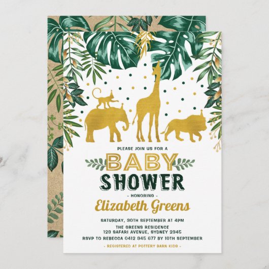 サファリジャングル動物ベビージャーシャワー熱帯離れ 招待状 (正面/裏面)