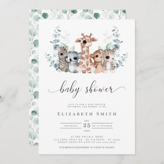 サファリジャングル動物ユーカリ赤ちゃんシャワーインサイト 招待状 (正面/裏面)