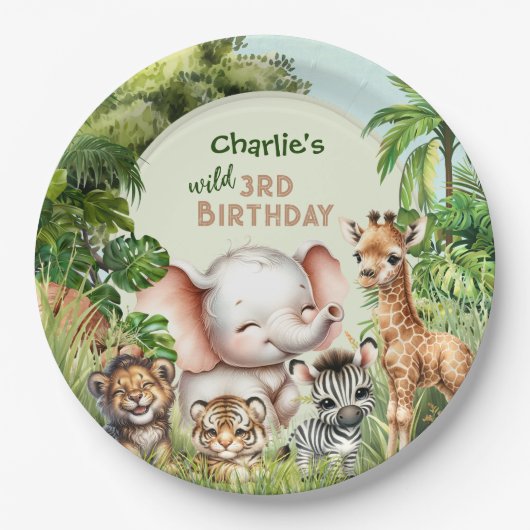 サファリジャングル動物園かわいい動物ワイルド誕生日 ペーパープレート (正面)