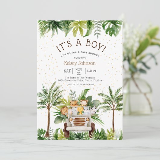 サファリジャングル動物園の動物の男の子の赤ちゃんシャワーInvitati 招待状 (スタンド正面)