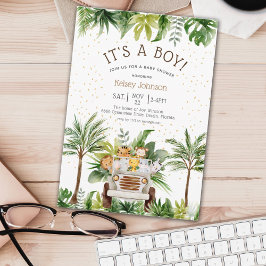 サファリジャングル動物園の動物の男の子の赤ちゃんシャワーInvitati 招待状