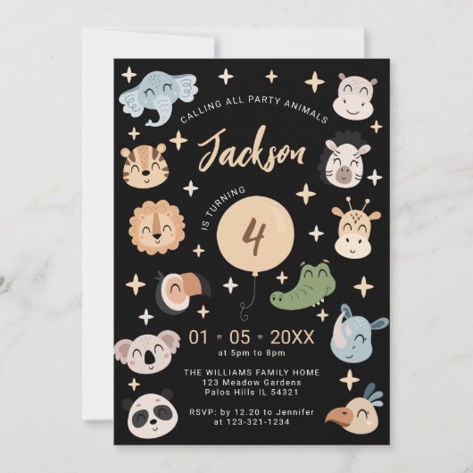 サファリジャングル動物園の動物の誕生日の男の子の招待 招待状 (正面)