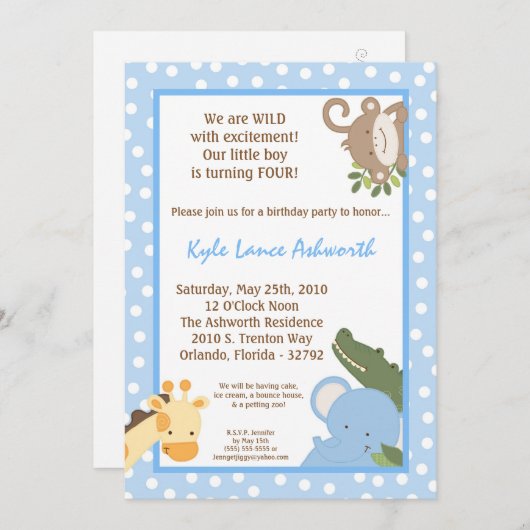 サファリジャングル動物園アニマル誕生日招待状 招待状 (正面/裏面)