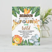 サファリジャングル動物4回の野生の4歳の誕生日 招待状 (スタンド正面)