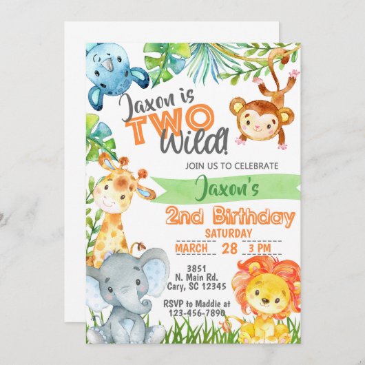 サファリジャングル男の子2歳の誕生日の招待状。 招待状 (正面/裏面)