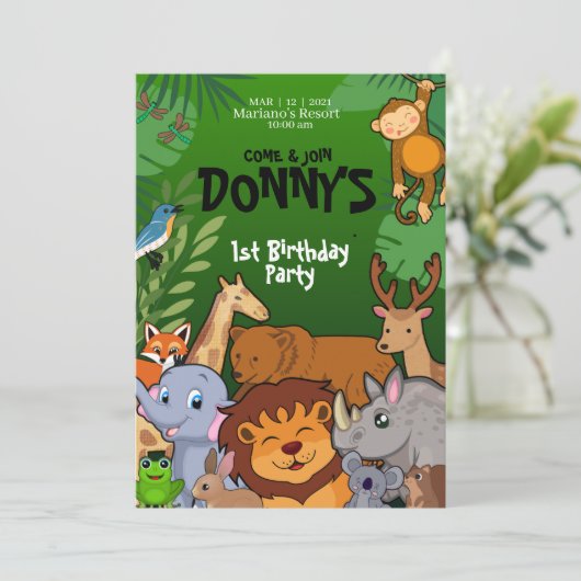 サファリジャングル誕生日招待状かわいいアニマルキッズ 招待状 (スタンド正面)