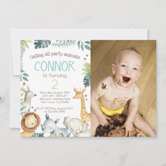 サファリジャングル誕生日招待状ウィズフォト 招待状 (正面)