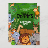 サファリジャングル誕生日招待状 キュートな動物の子供たち 招待状 (正面/裏面)