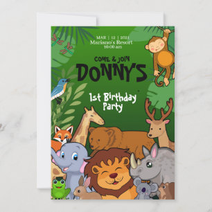 サファリジャングル誕生日招待状 キュートな動物の子供たち 招待状