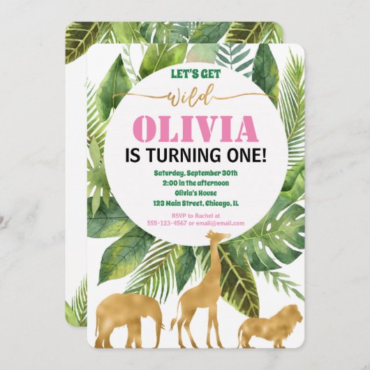サファリジャングル1歳の女の子ワイルドワン 招待状 (正面/裏面)