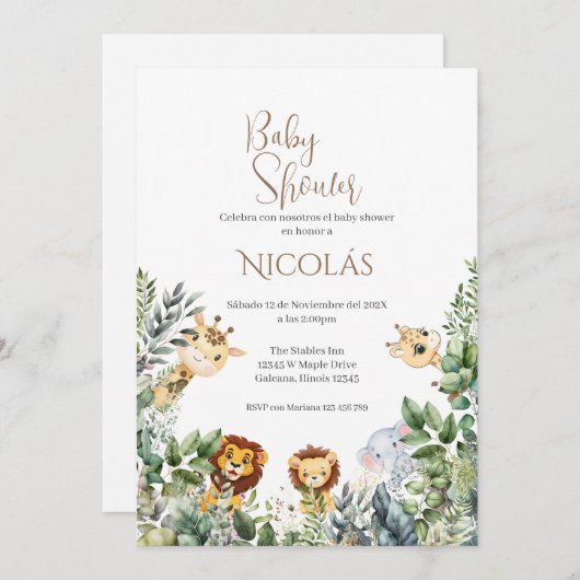 サファリスペインのベイビーシャワーボーイへの招待 招待状 (正面/裏面)