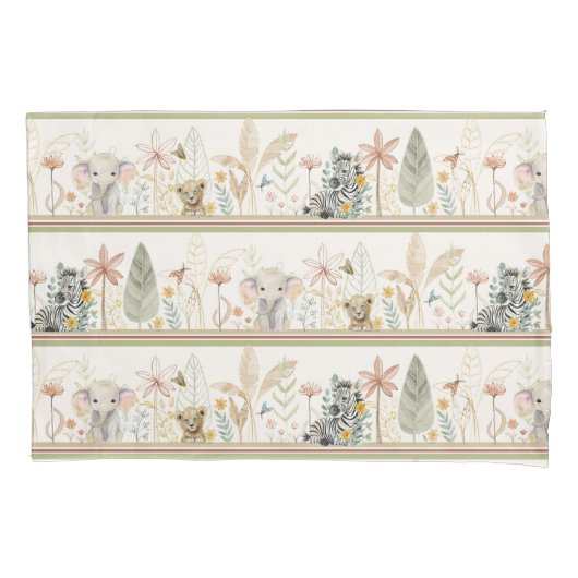 サファリゼブラエレファントライオンジャングルリーフ男の赤ちゃん 枕カバー (正面)