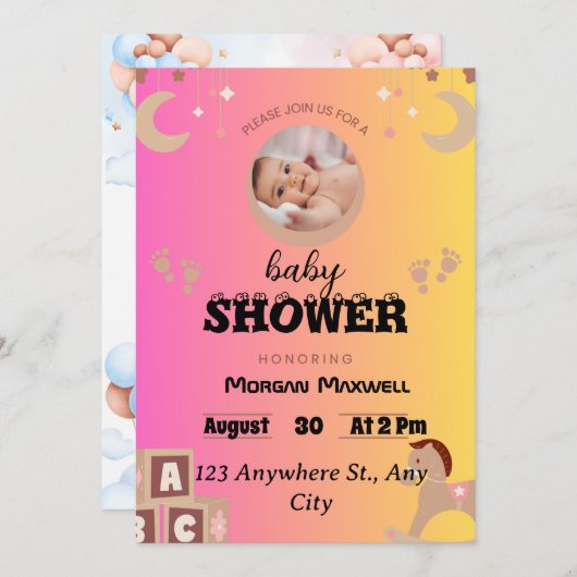 「サファリソイレ:ベルナデットの赤ちゃんシャワーのお祝い 招待状 (正面/裏面)