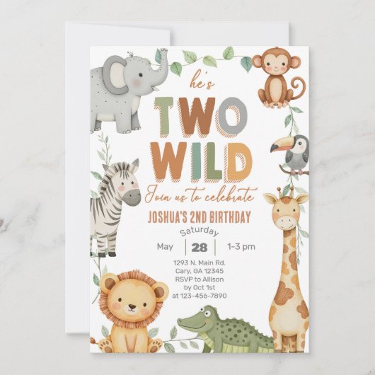 サファリツーワイルドボーイ2歳の誕生日招待状。 招待状 (正面)