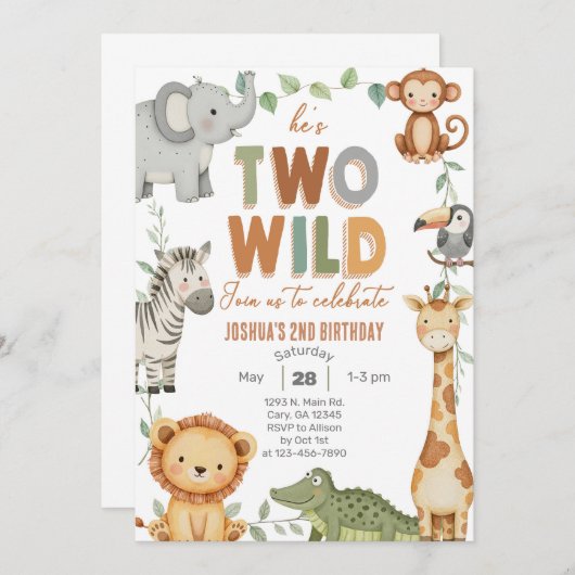 サファリツーワイルドボーイ2歳の誕生日招待状。 招待状 (正面/裏面)