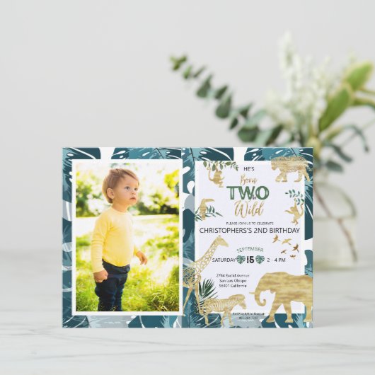 サファリツーワイルド誕生日フォトグリーナリー&金ゴールド 招待状 (スタンド正面)