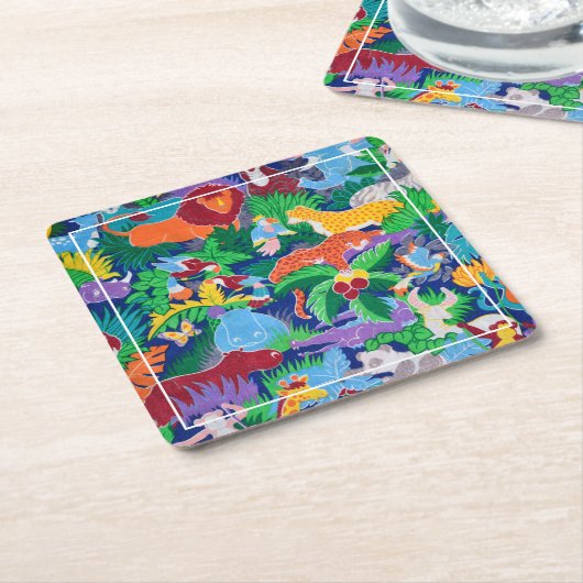 サファリテーマ誕生日レインボーカラフルパーティー スクエアペーパーコースター (アングル)