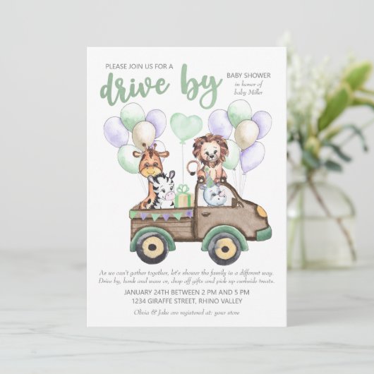 サファリトラックとかわいい動物のベビーシャワーで運転 招待状 (スタンド正面)