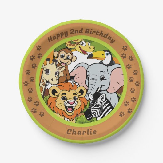 サファリトロピカルジャングル動物かわいい漫画パーティー ペーパープレート (正面)