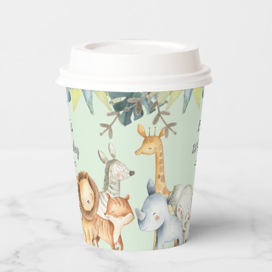 サファリパーソナライズされたーのジャングル動物のミント誕生日 紙コップ (左)