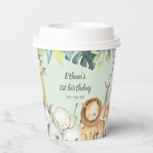 サファリパーソナライズされたーのジャングル動物のミント誕生日 紙コップ (裏面)
