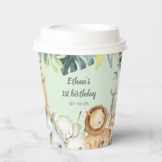 サファリパーソナライズされたーのジャングル動物のミント誕生日 紙コップ (正面)