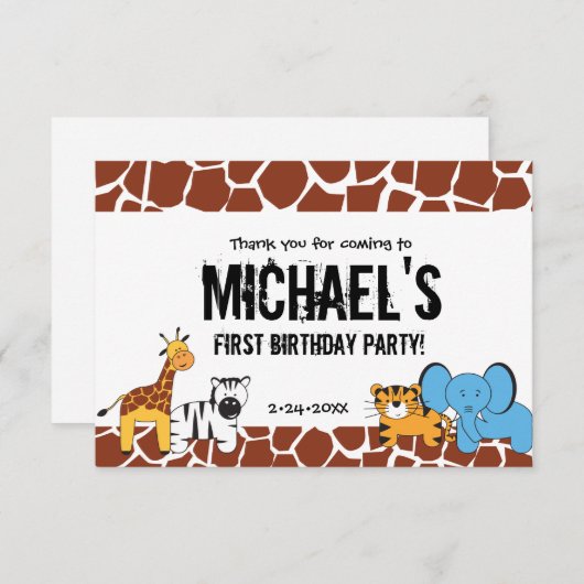 サファリパーソナライズされたーの最初の誕生日パーティー サンキューカード (正面/裏面)